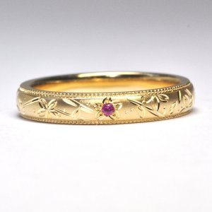 天然石ルビー付・桜模様リング